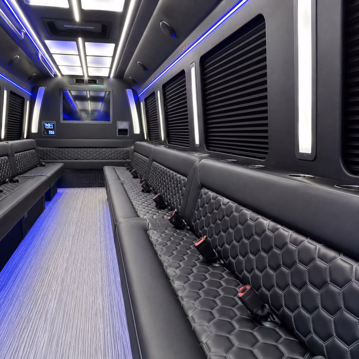 Wedding guests seated inside a party bus serving Wichita