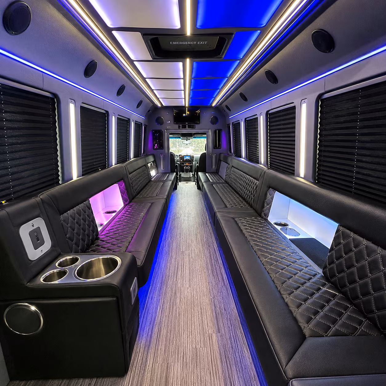 Interior of a party bus rental serving Wichita